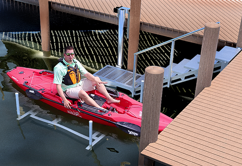 Man in a kayak at the bottom of the ascension stair lift