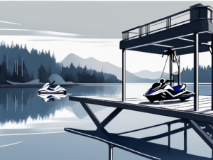 A high-quality jet ski lift attached to a floating dock in a serene lake setting