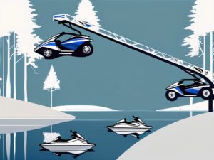 Two jet skis being lifted by a sturdy