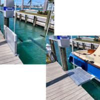 Two photos of IMM Quality boat lift accessories including a small hinge platform steps walkways and gangways in use by large boat